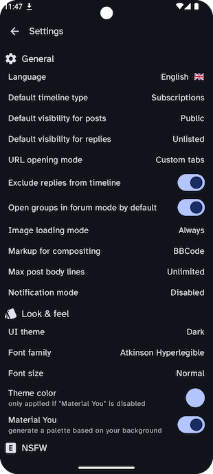 settings screen